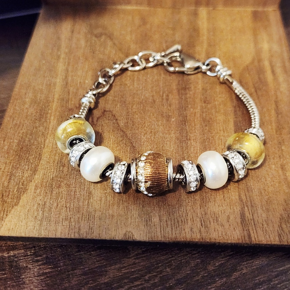 Silver Gold Tone Snake Chain Charm Bracelet Murano Glass Pearl Rhinestone Accent